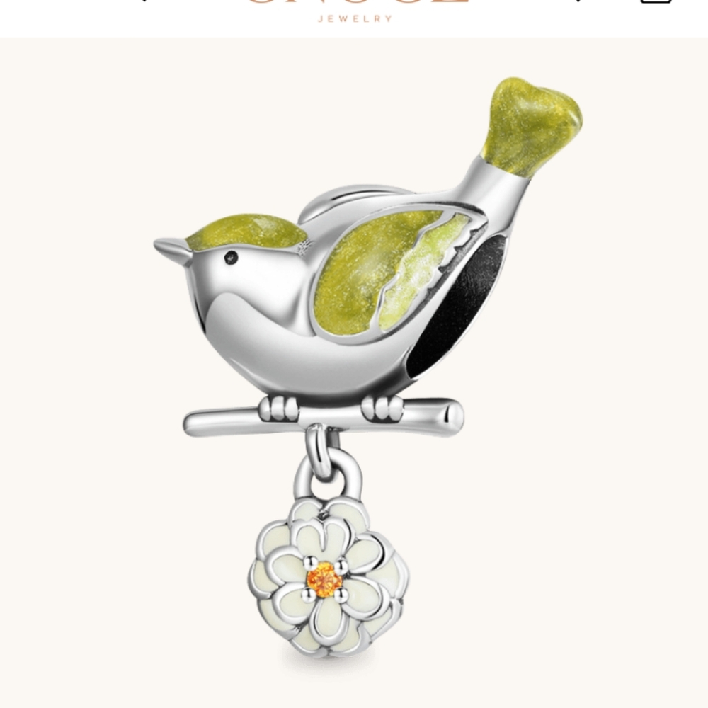Bird & Flower Pendant Dangle Charm 925 Sterling Silver With Colorful Enamels